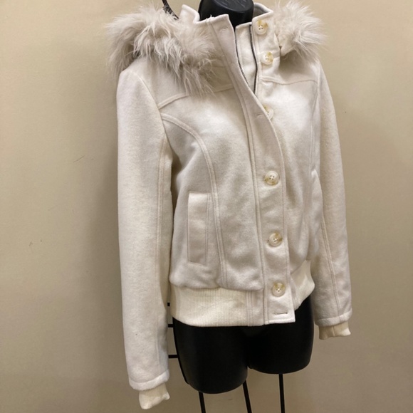 NWT Aeropostale Fur Trimmed Hooded Wool Jacket, size M, Ivory - Picture 3 of 12